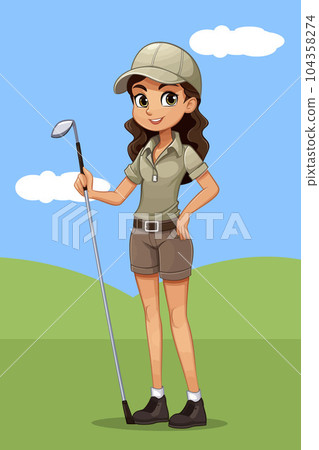 Vector Illustration, Cartoon Golf Girl with Simple Hill Background Vector Illustration, Cartoon Golf Girl with Simple Hill Background 104358274
