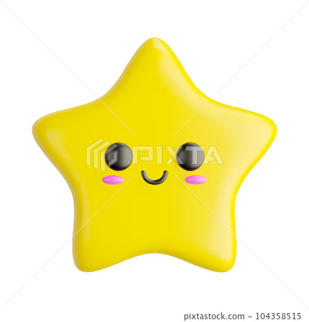 Cute Kawaii Star. 3D Cartoony Yellow Star. Funny Happy Character. Vector illustration of 3D Render. 104358515