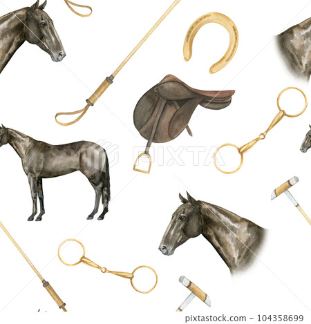 Seamless minimalistic pattern with hand drawn watercolor illustrations of golden horseshoes and snaffles, horse polo sticks, horse portrairs, saddles, isolated. Can be used as a print for clothes. Pri Seamless minimalistic pattern with hand drawn watercolor illustrations of golden horseshoes and snaffles, horse polo sticks, horse portrairs, saddles, isolated. Can be used as a print for clothes. Pri 104358699