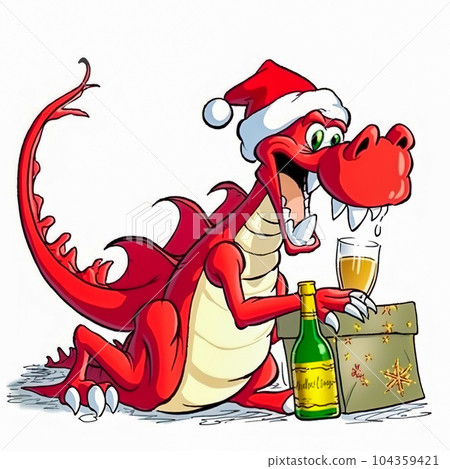Illustration of a cheerful dragon in a New Year's red cap, with a glass of champagne. Generative AI 104359421