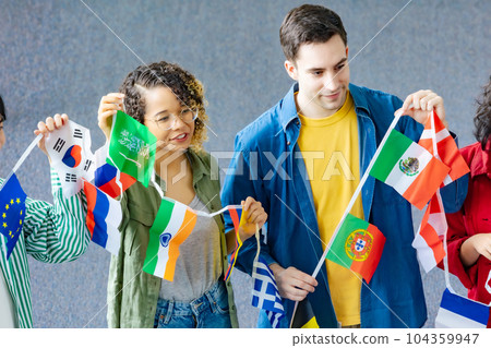 multinational people with bunting flags 104359947