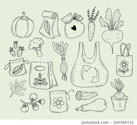 Eco bags, reusable paper bags and vegetables and fruits. Vector illustration. Isolated outline hand drawings. Environmental protection, eco products and items. Eco bags, reusable paper bags and vegetables and fruits. Vector illustration. Isolated outline hand drawings. Environmental protection, eco products and items. 104360132