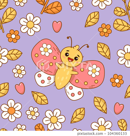 Cute seamless pattern with funny butterfly character on purple background with flowers and hearts. Groovy vector Illustration for wallpaper, design, textile, packaging, decor. Kids collection. Cute seamless pattern with funny butterfly character on purple background with flowers and hearts. Groovy vector Illustration for wallpaper, design, textile, packaging, decor. Kids collection. 104360133