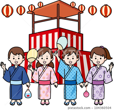 夏日祭典 穿著浴衣、塔樓和燈籠的孩子們 104360504