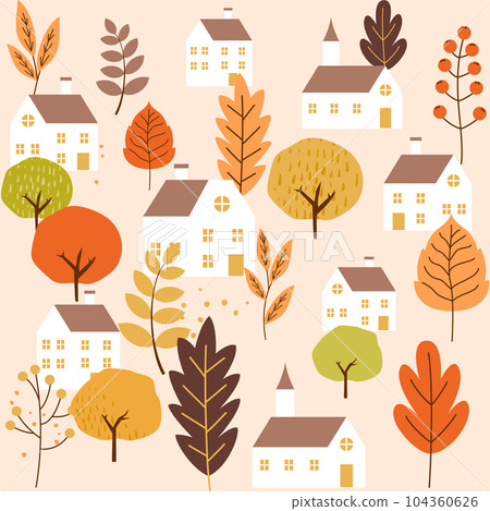 Autumn cityscape and autumn leaves seamless pattern illustration background 104360626
