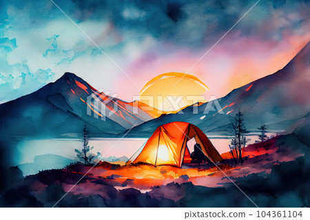 Tourist tent camping in mountains at sunset. Watercolor illustration 104361104