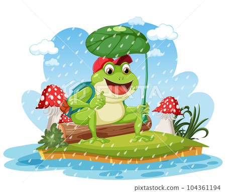 Green Frog Cartoon Character Holding Leaf Umbrella 104361194