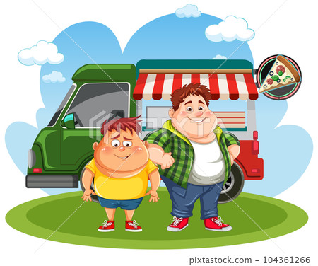 Two Fat Men in Front of Food Truck 104361266