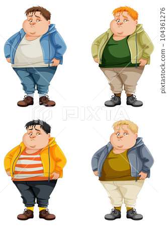 Set of overweight upset boy cartoon character in different outfit 104361276