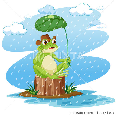 Green Frog Cartoon Character Holding Leaf Umbrella 104361305