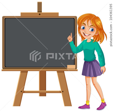 Cute woman pointing at the empty board cartoon character 104361395