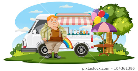 Overweight man in front of coffee food truck Overweight man in front of coffee food truck 104361396