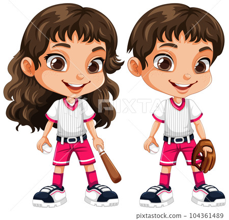 Couple Kids in Baseball Outfits Vector 104361489