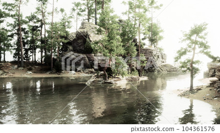 peaceful mountain paradise, with a glistening lake and fragrant pine trees 104361576