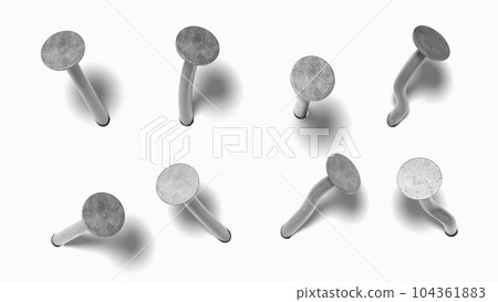 Nails hammered into wall 3d render icons set. Straight and bent steel or iron spikes with heads. Metal pins, hardware hobnails, carpentry and construction tools isolated on background. 3D illustration 104361883