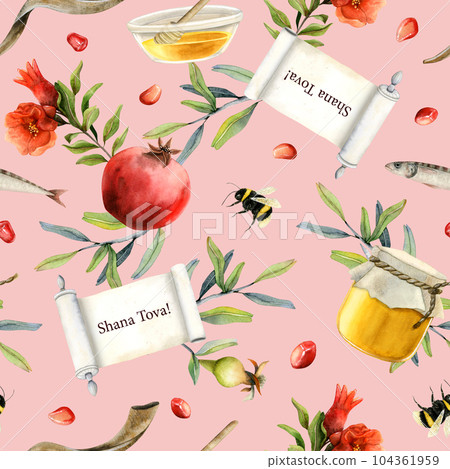 Shana Tova greeting watercolor seamless pattern on pastel pink background for Rosh Hashanah Jewish new year gift wrapping, tablecloth, cards 104361959