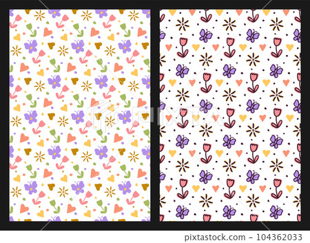 Floral childish seamless patterns, set of 2 cute layouts, doodle cartoon baby style, hand drawn brush stroke graph design. Vector illustration. Pastel pink blue yellow colour palette 104362033