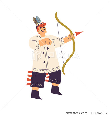 Funny Boy with Bow Playing Indian Dressed in Injun Costume with Feather Vector Illustration Funny Boy with Bow Playing Indian Dressed in Injun Costume with Feather Vector Illustration 104362197