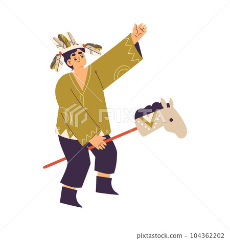 Funny Boy on Horse Stick Playing Indian Dressed in Injun Costume with Feather Vector Illustration Funny Boy on Horse Stick Playing Indian Dressed in Injun Costume with Feather Vector Illustration 104362202