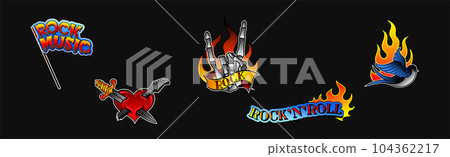 Hard Rock Music Emblem with Heart, Swallow Bird, Horn Sign and Flag Vector Set 104362217