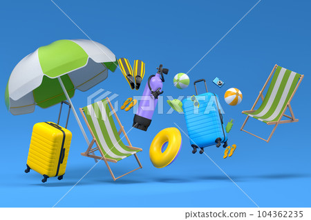 Colorful suitcase or baggage with beach accessories on blue background. 104362235