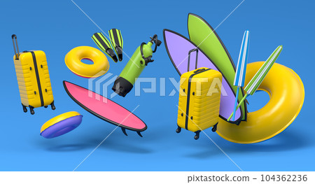 Colorful suitcase or baggage with beach accessories on blue background. 104362236