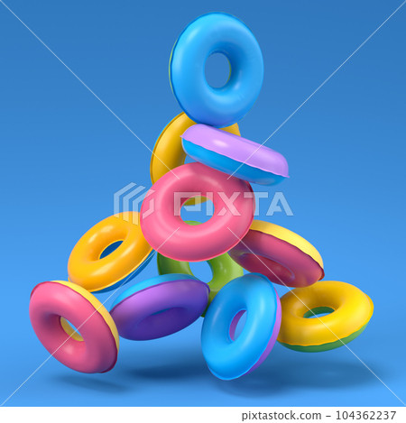 Colorful inflatable ring flying on blue background, 3D render of summer vacation 104362237
