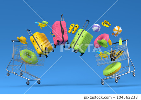 Colorful luggage with beach accessories and shopping trolley on pink background. Colorful luggage with beach accessories and shopping trolley on pink background. 104362238