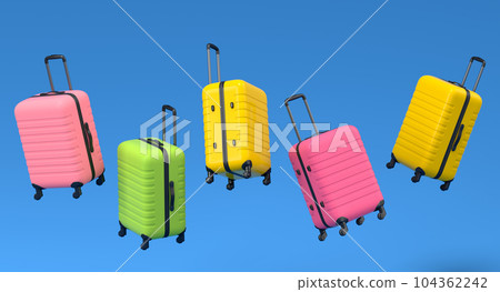 Colorful suitcase flying on blue background. 3D render of summer vacation Colorful suitcase flying on blue background. 3D render of summer vacation 104362242