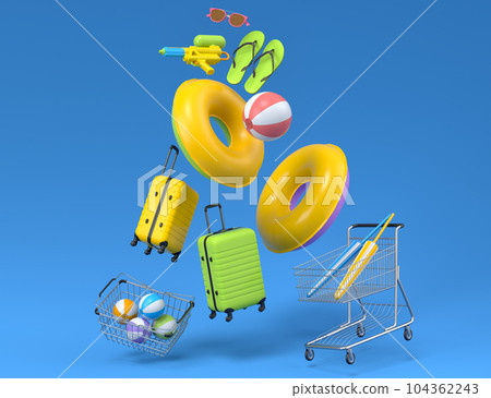 Colorful luggage with beach accessories and shopping trolley on pink background. Colorful luggage with beach accessories and shopping trolley on pink background. 104362243
