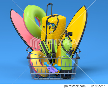 Colorful luggage with beach accessories and shopping basket on blue background. 104362244