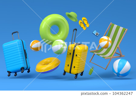 Colorful suitcase or baggage with beach accessories on blue background. 104362247