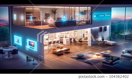 smart home using modern technology, economic management of energy consumption with the help of a computer , banner made with Generative AI 104362402