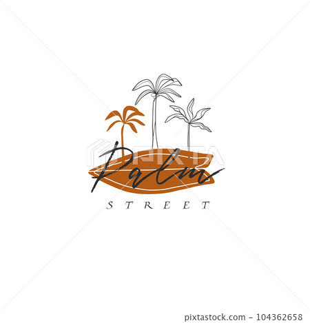 Hand drawn vector abstract simple minimalistic line art graphic drawing tropical surfing icon sign collection set isolated. Summer palm beach modern design concept. Summer palm beach and surf logo. 104362658