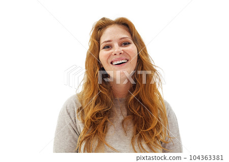 Portrait of pretty healthy beauty redhead woman with long healthy ginger curly hair laughing  104363381