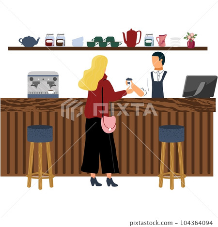 Woman customer pay in cafeteria for coffee vector Woman customer pay in cafeteria for coffee vector 104364094