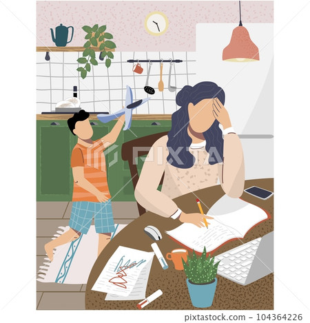 Mother work online son play make noise vector 104364226