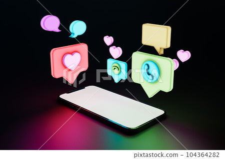 Mobile phone under colorful speech bubbles against black background. 3d render 104364282