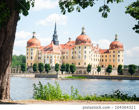 Baroque castle of Moritzburg reflected in a lake, Baroque castle of Moritzburg reflected in a lake, 104364321