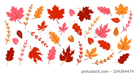 Large set of leaves and branches in autumn colors. Pink, brown and yellow Large set of leaves and branches in autumn colors. Pink, brown and yellow 104364474
