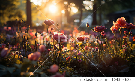 Beautiful wild flowers chamomile, purple and pink wild peas, sunlight morning haze in nature close-up macro. Landscape wide format, copy space, cool blue tones. Delightful pastoral airy artistic image Beautiful wild flowers chamomile, purple and pink wild peas, sunlight morning haze in nature close-up macro. Landscape wide format, copy space, cool blue tones. Delightful pastoral airy artistic image 104364622