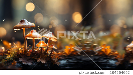 beautiful closeup of forest mushrooms in grass, autumn season. little fresh mushrooms, growing in Autumn Forest. mushrooms and leafs in forest. Mushroom picking concept. Magical colorful yellow fall 104364662