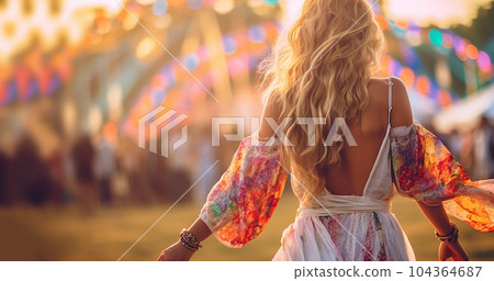 Happy young girl in bohemian outfits party away at a music festival or other hippie celebration. A young girl dances to the groove. summer vacation, boho concept Copy space Happy young girl in bohemian outfits party away at a music festival or other hippie celebration. A young girl dances to the groove. summer vacation, boho concept Copy space 104364687