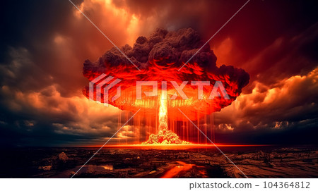 the explosion of an atomic bomb with the release of radiation and a large amount of devastating energy, made with Generative AI 104364812