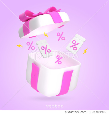 3d Open Gift Box with Pink Ribbon, Bow and Flying Gift Tag, Coupon, Percent Symbol. Concept of promotion, discount, sale, gift. Cartoon Style Vector Render Illustration on pink background. 104364902