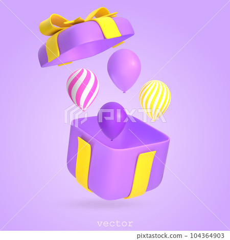 3d Purple Gift Box With Air Balloons. Open Present Box With Yellow Ribbon and Bow. Surprise, Birthday Party, Anniversary. Vector Render Illustration In Plasticine Cartoon Style. 104364903