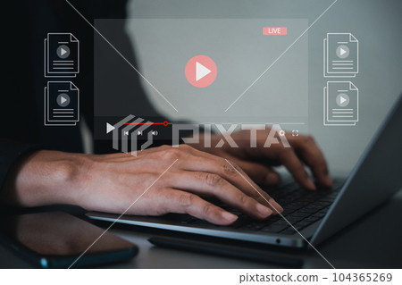 Person watching online tutorials on laptop screen, live streaming internet media player. Online education concept. Learning from digital content is a smart investment. OTT concept 104365269