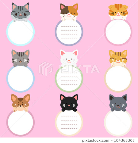 Illustration set of a simple and cute cat face with front paws holding a round memo No main line Illustration set of a simple and cute cat face with front paws holding a round memo No main line 104365305