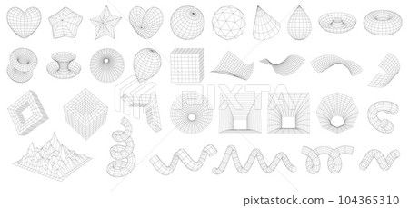 Set of Abstract wireframe 3D geometric shapes. Mesh grids. Cube, drop, spiral, mountain landscape, star, heart, distorted planes, funnel. Graphic design elements isolated on white. Editable strokes. Set of Abstract wireframe 3D geometric shapes. Mesh grids. Cube, drop, spiral, mountain landscape, star, heart, distorted planes, funnel. Graphic design elements isolated on white. Editable strokes. 104365310
