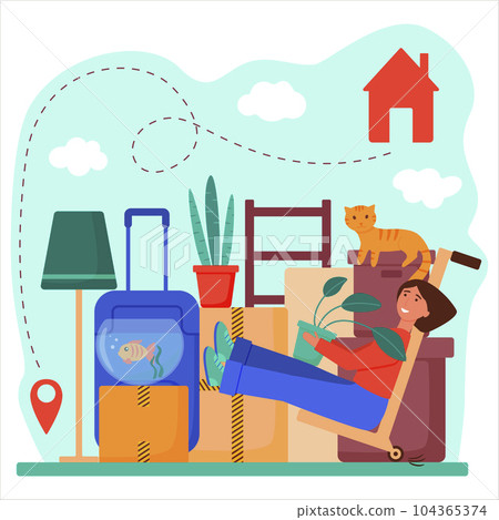 The concept of resettlement. A happy young woman moves into a house, an apartment. A smiling girl is transporting things. I'm moving to a new house. Isolated flat vector illustration. The concept of resettlement. A happy young woman moves into a house, an apartment. A smiling girl is transporting things. I'm moving to a new house. Isolated flat vector illustration. 104365374